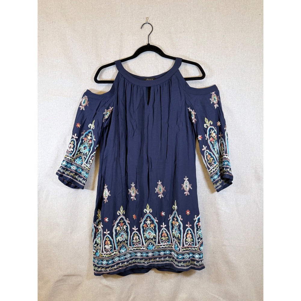 Chaya Navy Blue Cold Shoulder Embroidered Boho Shift Boho Dress Petite 10P